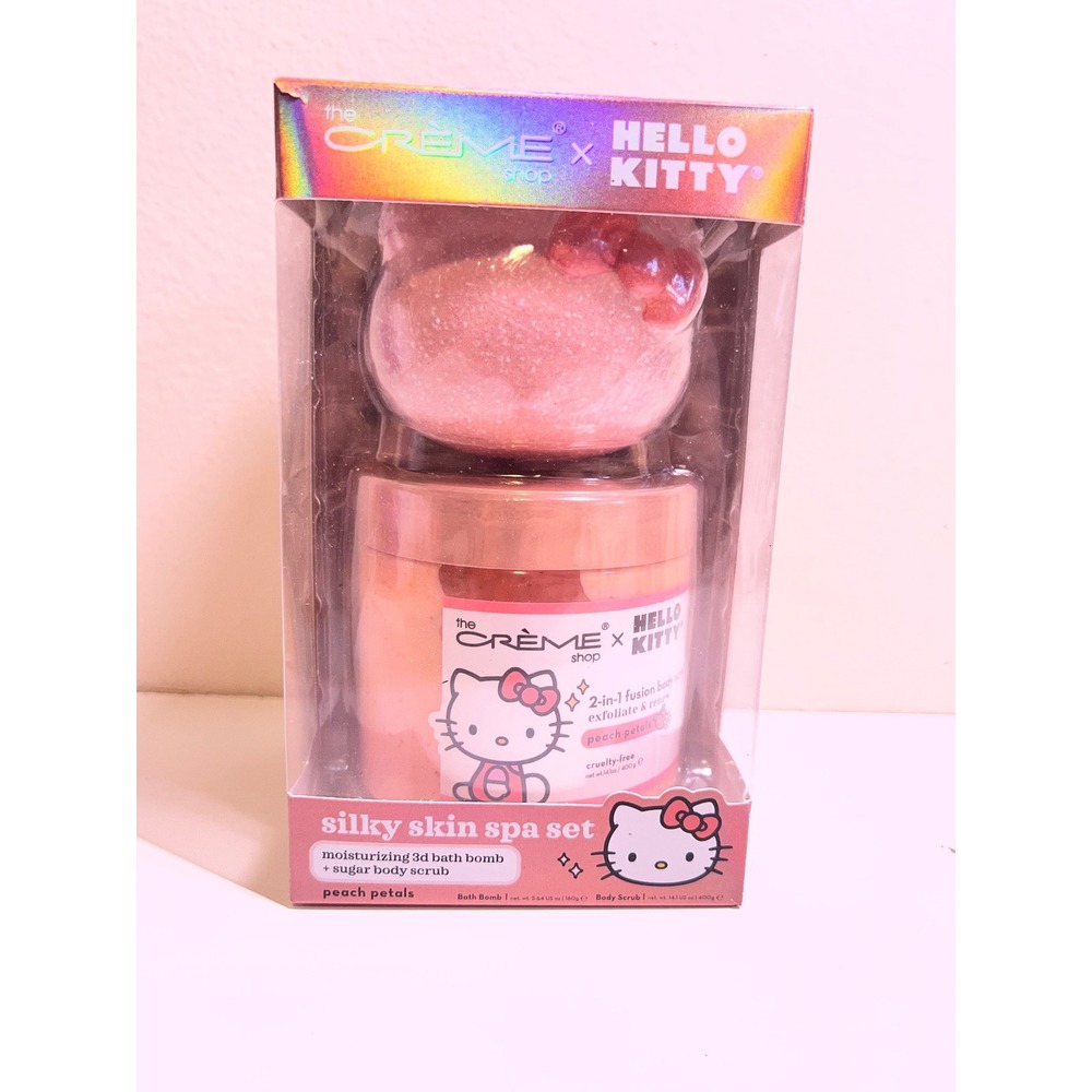 The Crème Shop Hello Kitty Silky Skin Spa Set Peach Petals Bath‎ Bomb Body Scrub